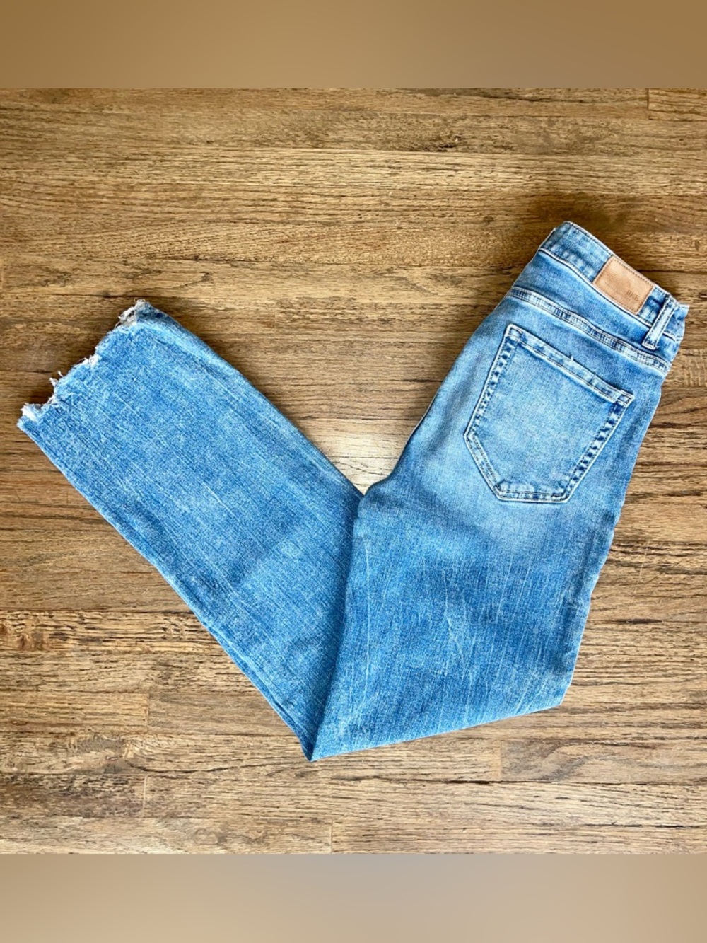 BKE Straight Leg Light Blue Jeans with Frayed Hem